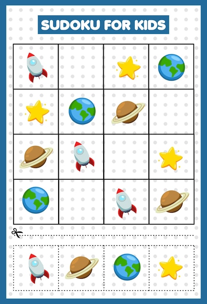 Sudoku para niños con imágenes de planetas y cohetes