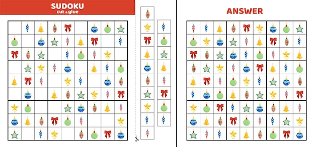 Sudoku para niños con nueve juguetes de Navidad Sudoku para hijos Cortar y pegar dibujos animados de vector plano eps 10