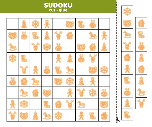 Sudoku para niños con nueve panes de jengibre navideños Sudoku de galletas para niños Cortar y pegar