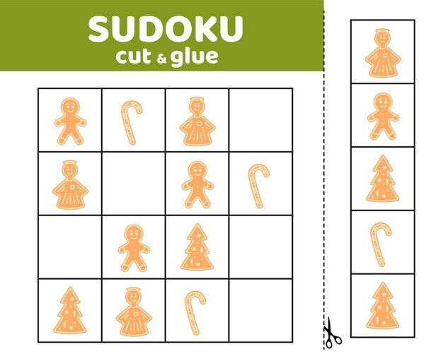 Sudoku para niños con pan de jengibre Galleta de Navidad Sudoku para niños Cortar y pegar Dibujos animados