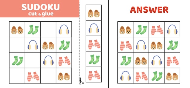 Sudoku para niños con ropa de abrigo Sudoku para niños Cortar y pegar Dibujos animados