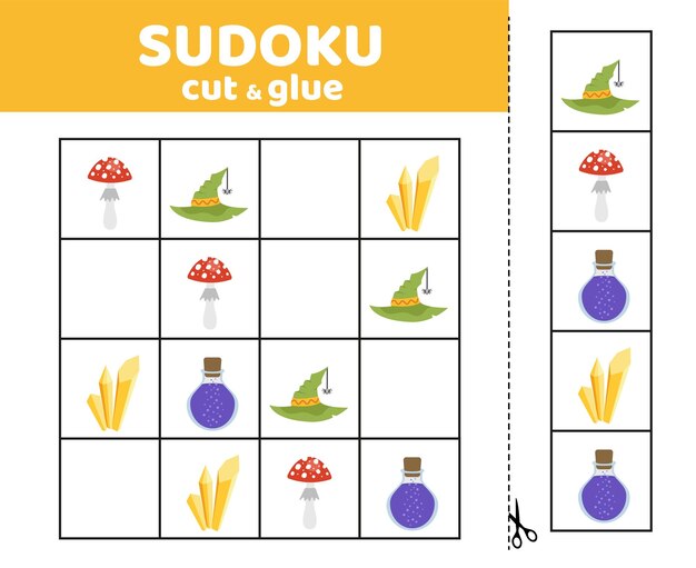 Sudoku para niños con sombrero cristales mágicos poción de amanita juego de sudoku de halloween cortar y pegar dibujos animados