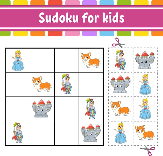 Sudoku para niños. tema de cuento de hadas. hoja de trabajo de desarrollo de educación.