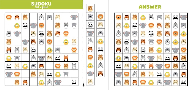 Sudoku con nueve animales africanos y australianos Squishmallow Juego de rompecabezas para niños Cortar y pegar C
