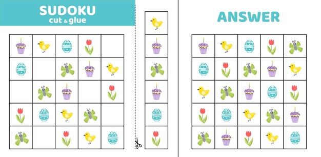 Sudoku de Pascua con pastel pollo huevo mariposa tulipán juego de rompecabezas para niños cortar y pegar dibujos animados de vector plano eps 10