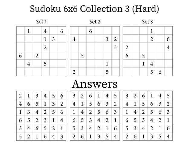 Sudoku Puzzle 6x6 Colección 3 Difícil con respuestas Juego de entrenamiento cerebral divertido para niños, adolescentes y adultos