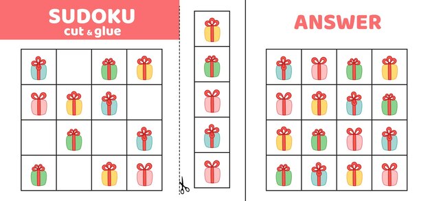 Sudoku con regalos Juego de rompecabezas para niños Cariñosas cajas de regalos regalos Cortar y pegar dibujos animados