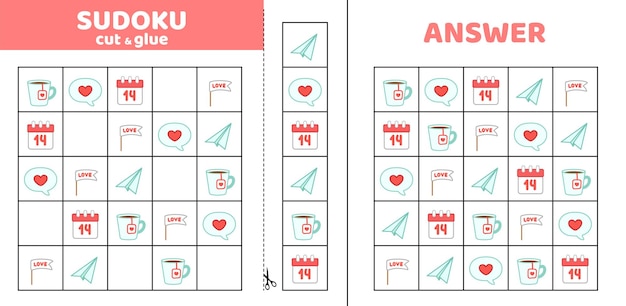 Sudoku con taza calendario avión día de San Valentín Juego de rompecabezas para niños Cortar y pegar dibujos animados