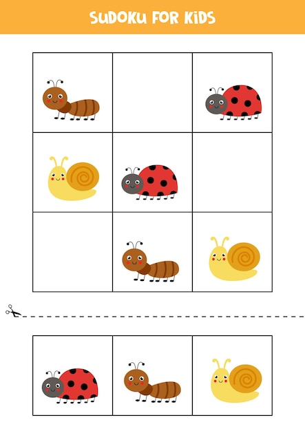 Sudoku con tres imágenes para niños en edad preescolar. juego de lógica con lindos insectos.