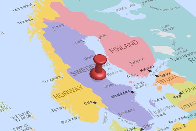 Suecia con chincheta roja en el mapa de Europa, cerca de Suecia, idea de viaje, mapa colorido