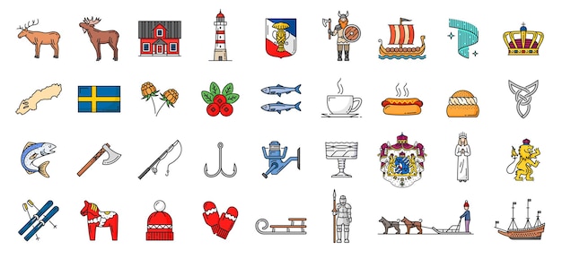 Suecia líneas de color iconos de contorno puntos de referencia suecos