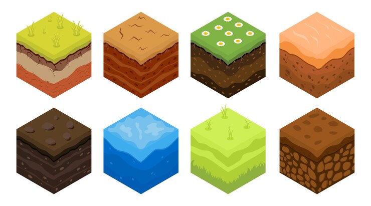 Vector suelo isométrico tierra suelo para fondo de juego arena y hierba desierto y textura del agua diferentes piezas de cubo campo cruzado paisaje capas subterráneas ilustración de partes cuadradas vectoriales