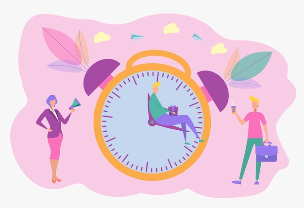 Suena el despertador en el concepto de gestión del tiempo de trabajo de la mañana reacción rápida para despertar Ilustración de vector colorido