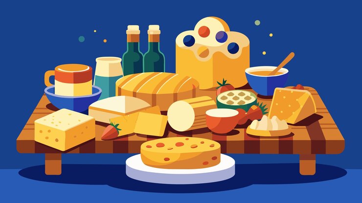 Vector un sueño de los amantes del queso se hace realidad con una mesa llena de diferentes tipos de pan y una variedad