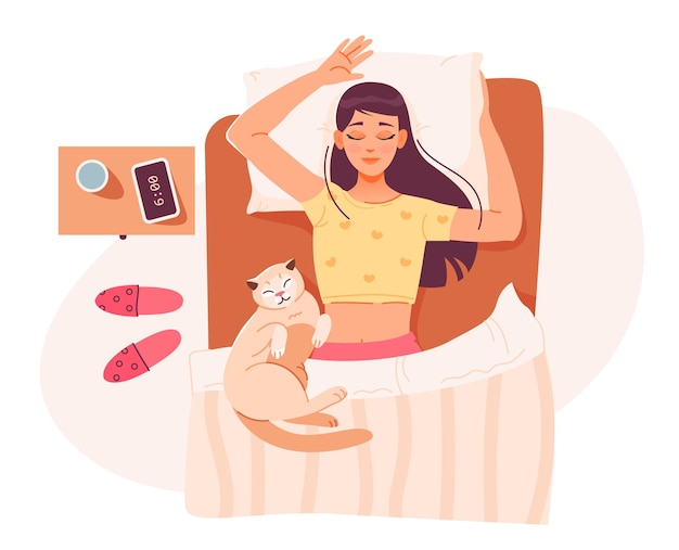 Sueño de mujer. Una mujer joven está durmiendo en la cama con un gato. Relájese en el dormitorio. Ilustración de vector plano