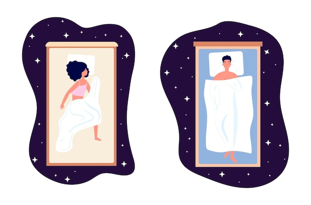 Sueño saludable. hora de acostarse mujer hombre, niña en la ilustración de la cama de confort. gente soñando, dulces sueños en la ilustración de vector de cielo estrellado de noche. hora de acostarse saludable, el hombre y la mujer sueñan en la cama