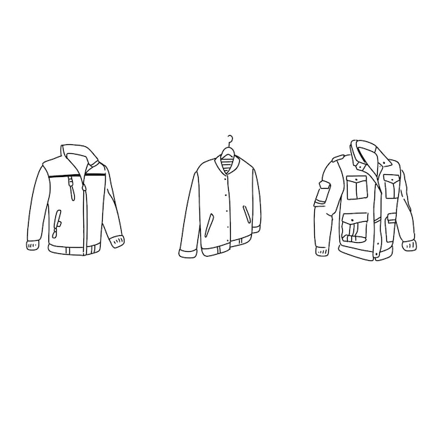 suéter de chaqueta con cremallera dibujado a mano dibujado dibujado ilustrado conjunto vectorial