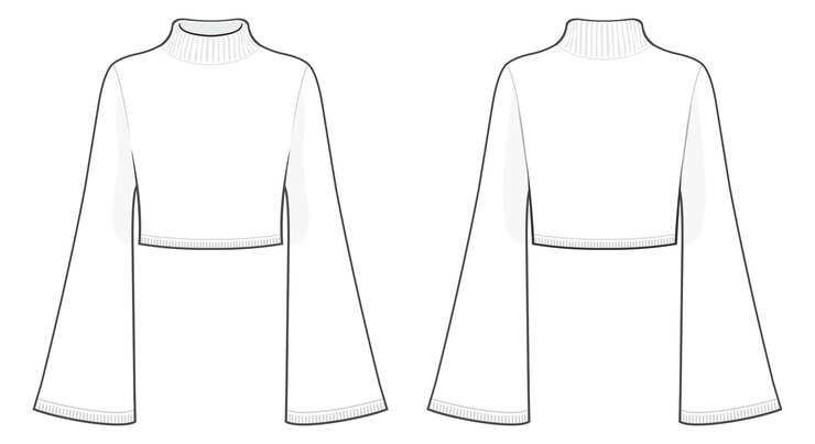 Vector suéter de cuello alto con manga de campana moda plana ropa plana plantilla de suéter delante y detrás