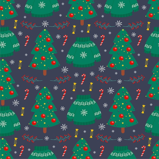 Suéter de invierno y calcetín para regalos de patrones sin fisuras. Ilustración de vector de estilo plano.