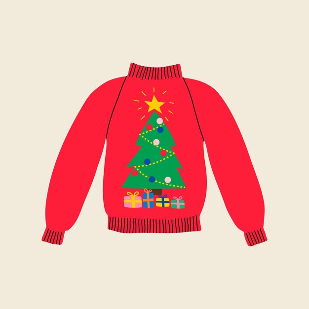 Vector suéter de invierno rojo feo de navidad en línea plana estilo moderno traje rojo de árbol de navidad verde con regalos