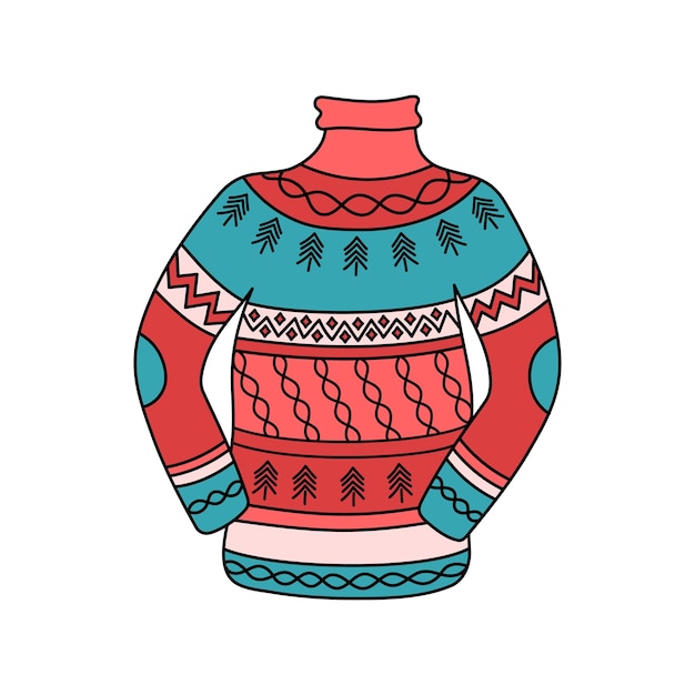 Suéter de navidad aislado doodle lindo vector ilustración colorida de jersey de punto con decoración esquema dibujado a mano suéter feo divertido sobre fondo blanco acogedor símbolo de vacaciones de invierno