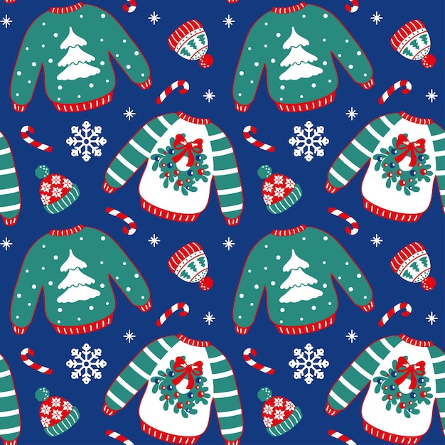 Suéter de Navidad feo y sombrero de punto ropa de Navidad divertida patrón sin costura vectorial