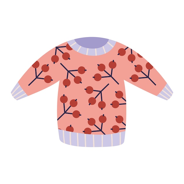 Suéter de punto con estilo de dibujos animados de patrón de bayas Estado de ánimo acogedor para el invierno Ilustración vectorial moderna de moda aislada sobre fondo blanco diseño plano dibujado a mano