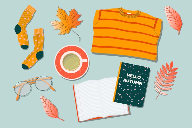 Vector suéter taza de té gafas calcetines hojas y cuaderno en una mesa ilustración de vista de arriba hacia abajo de moda