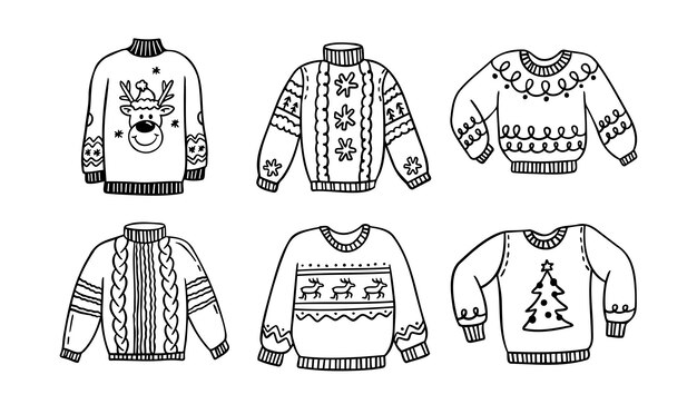 Suéteres de punto de Navidad calientes dibujados a mano con un patrón de doodle ropa de invierno cálida año nuevo
