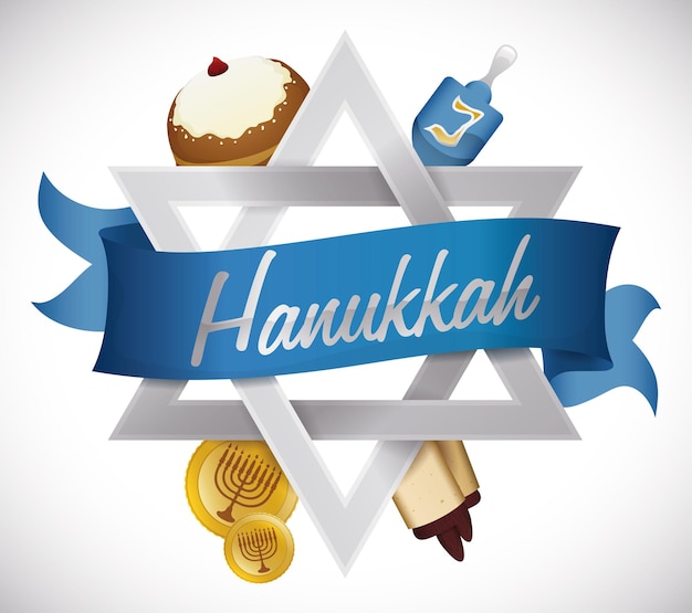 Sufgania dreidel gelts se desplaza alrededor de la estrella de David plateada sobre el mensaje de Hanukkah en una cinta azul