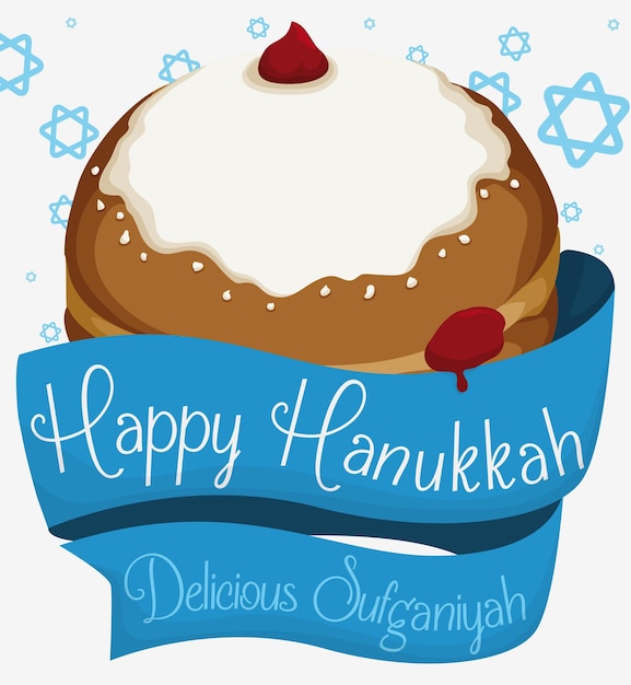 Sufganiyah con cintas azules a su alrededor listo para ser comido en hanukkah con estrellas en el fondo