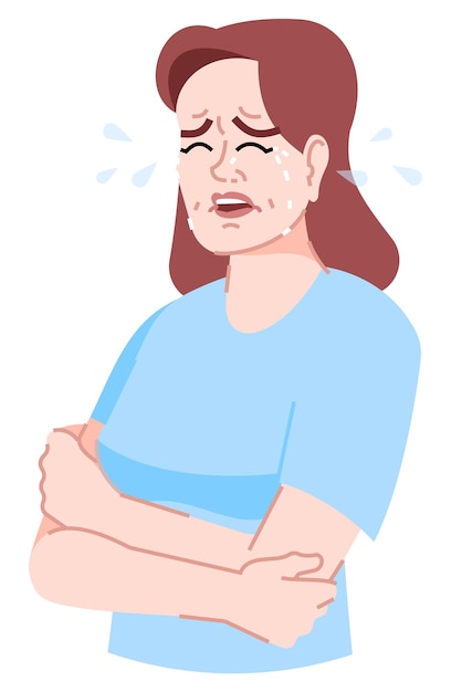Sufrir de estrés ilustración de vector de color RGB semiplano. Figura mentalmente angustiada. Autoconciencia excesiva. Mujer llorando abrazándose a sí misma personaje de dibujos animados aislado sobre fondo blanco.