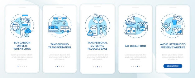 Sugerencias de recorridos sostenibles que incorporan la pantalla de la página de la aplicación móvil con conceptos. Realice el recorrido de transporte terrestre con instrucciones gráficas de 5 pasos.