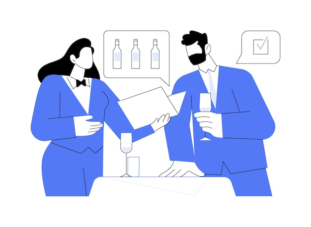 Sugerencias de vinos ilustración vectorial de concepto abstracto Restaurante sommelier mostrando la lista de vinos a un cliente sector de servicio horeca negocios profesionales personas bebiendo alcohol metáfora abstracta