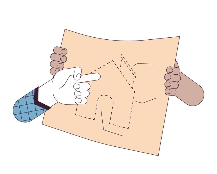 Vector sugiriendo cambios en el plano de casa lineal ilustracion de manos de personajes de dibujos animados lluvia de ideas bosquejo del proyecto de construcción imagen vectorial 2d fondo blanco mejora clipart de color plano editable