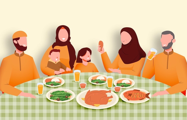 Suhoor y Iftar Party con la familia durante el mes de Ramadán Vector Illustration