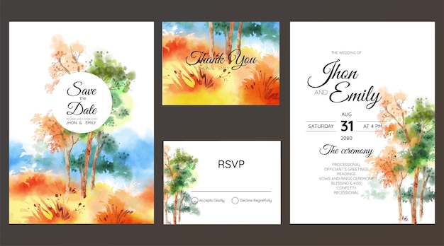 Suite de invitación de boda con acuarela de paisaje de naturaleza salvaje