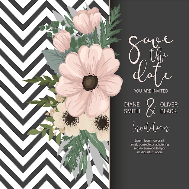 Suite de invitación de boda con flores. Modelo. Ilustración vectorial