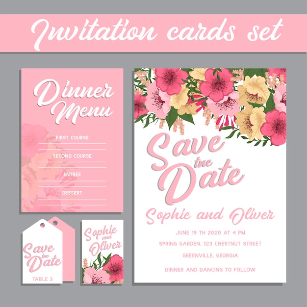 Suite de invitación de boda con flores. Modelo. Ilustración vectorial