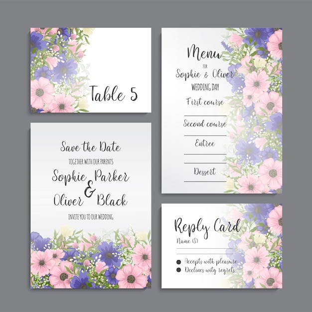 Suite de invitación de boda con flores. Modelo. Ilustración vectorial