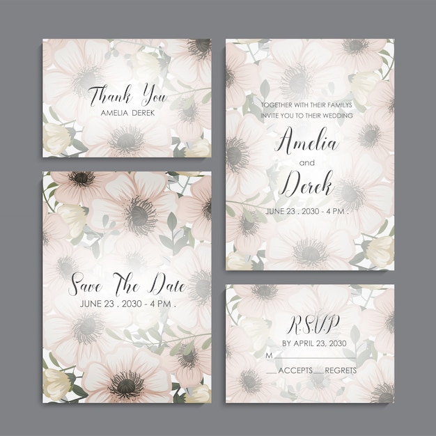 Suite de invitación de boda con flores. Modelo. Ilustración vectorial