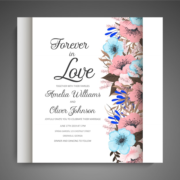 Suite de invitación de boda con flores. Modelo. Ilustración vectorial
