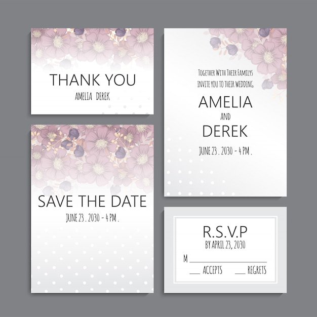 Suite de invitación de boda con flores. Modelo. Ilustración vectorial