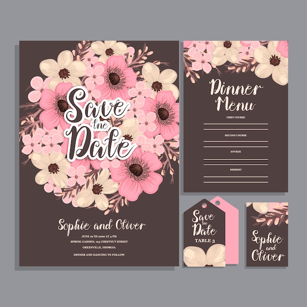 Suite de invitación de boda con flores.