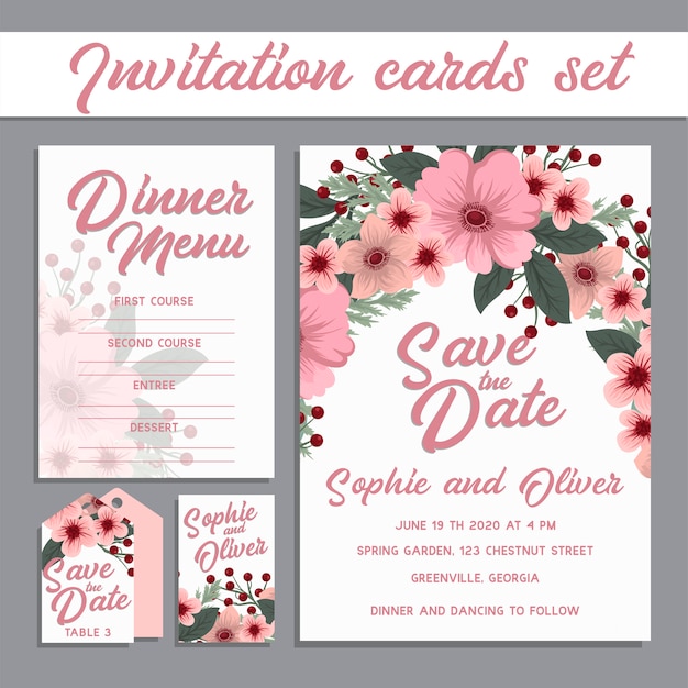 Suite de invitación de boda con flores.