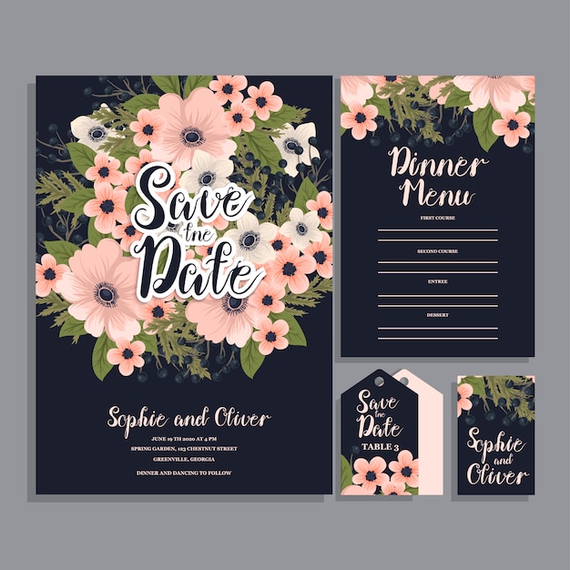 Suite de invitación de boda con flores.
