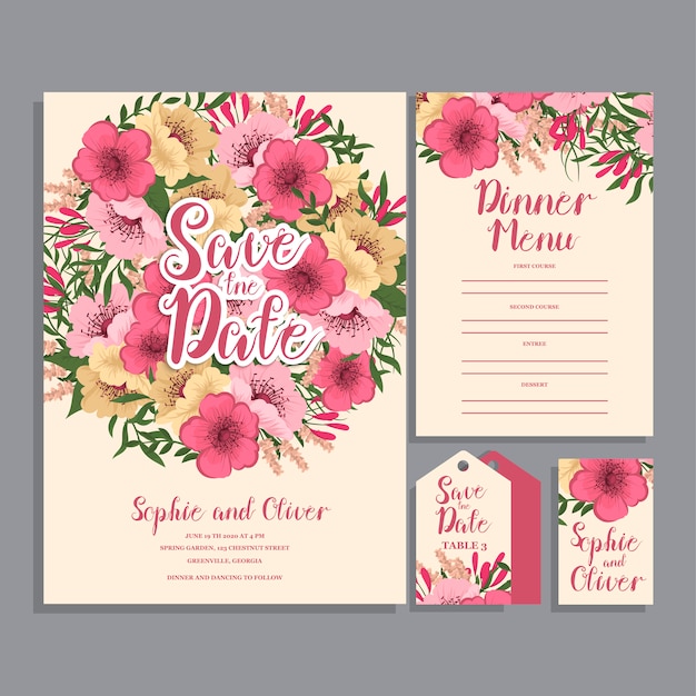 Suite de invitación de boda con flores.