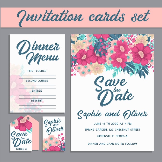 Suite de invitación de boda con flores.