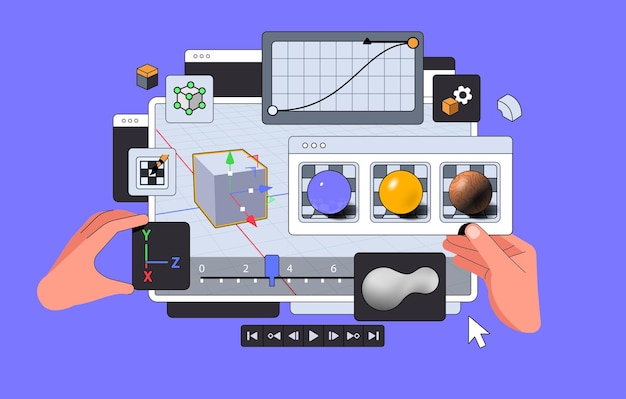 Vector suite de software 3d interface layout con las manos viewport del programa para diseñadores de movimiento y animadores