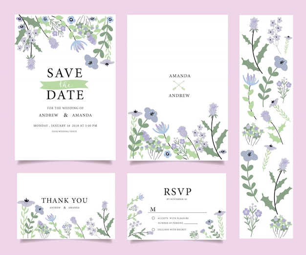 Suite de tarjeta de invitación de boda con flores